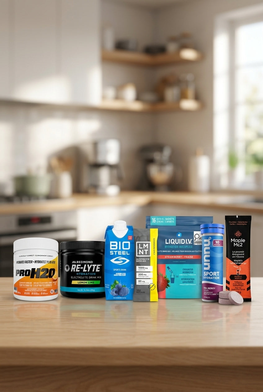Sept boissons d'électrolytes sur un comptoir de cuisine : ProH2O, Redmond Re-Lyte, BioSteel, LMNT, Liquid I.V., Nuun et Maple MC2