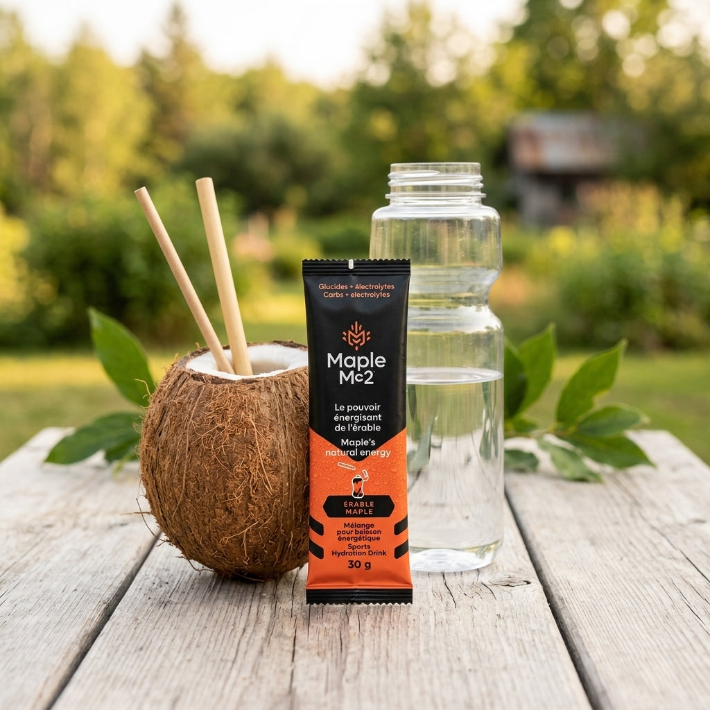 noix de coco fraîche coupée à côté d'un sachet Maple MC2